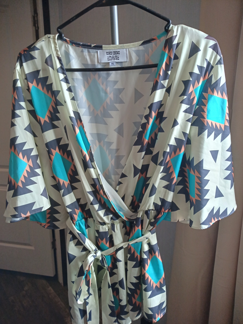 Deep V-Neck Geometric Print Wrap Top - Teal & Cream